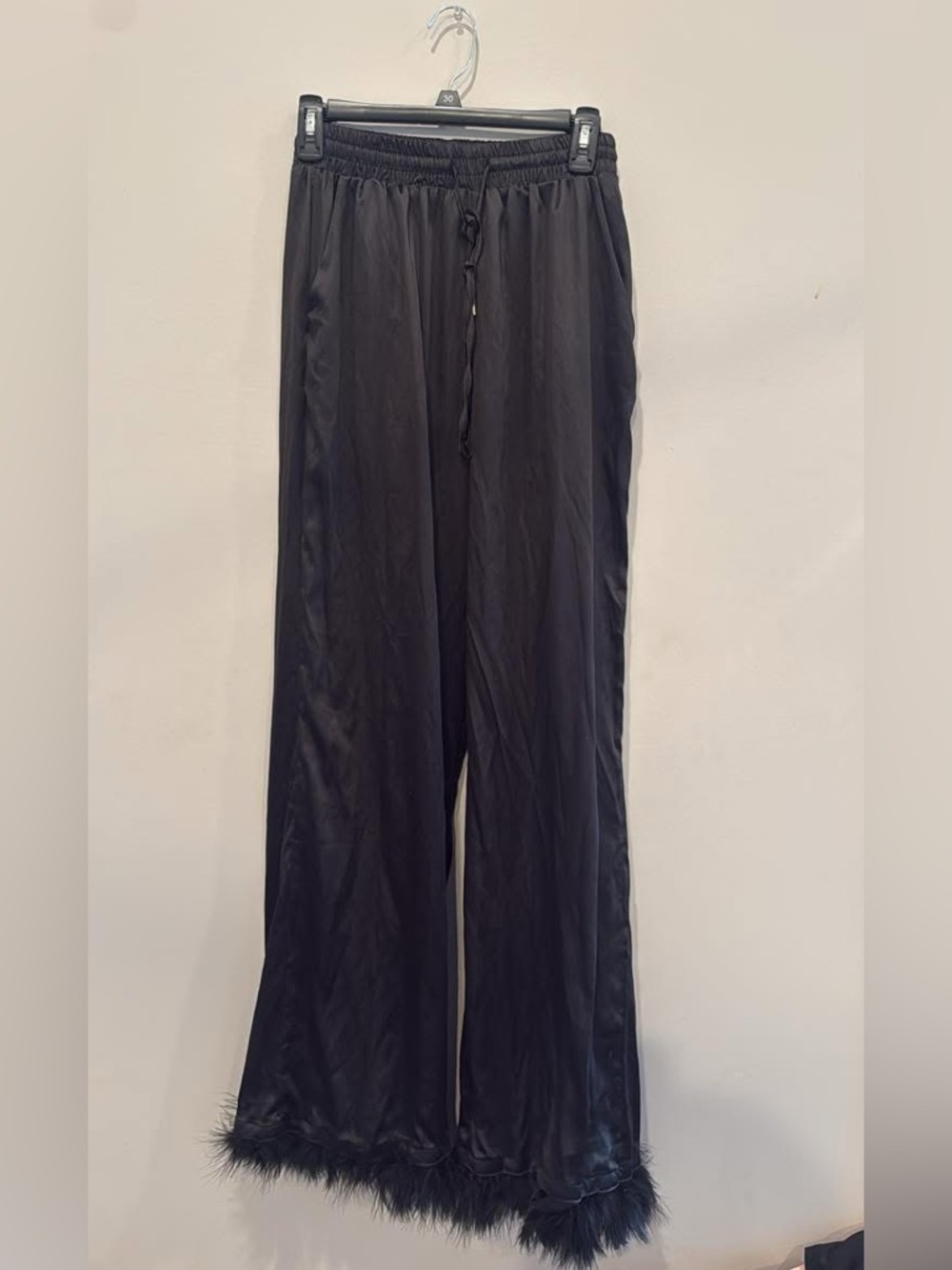 Nasty Gal Black Feather-Trim Satin Joggers